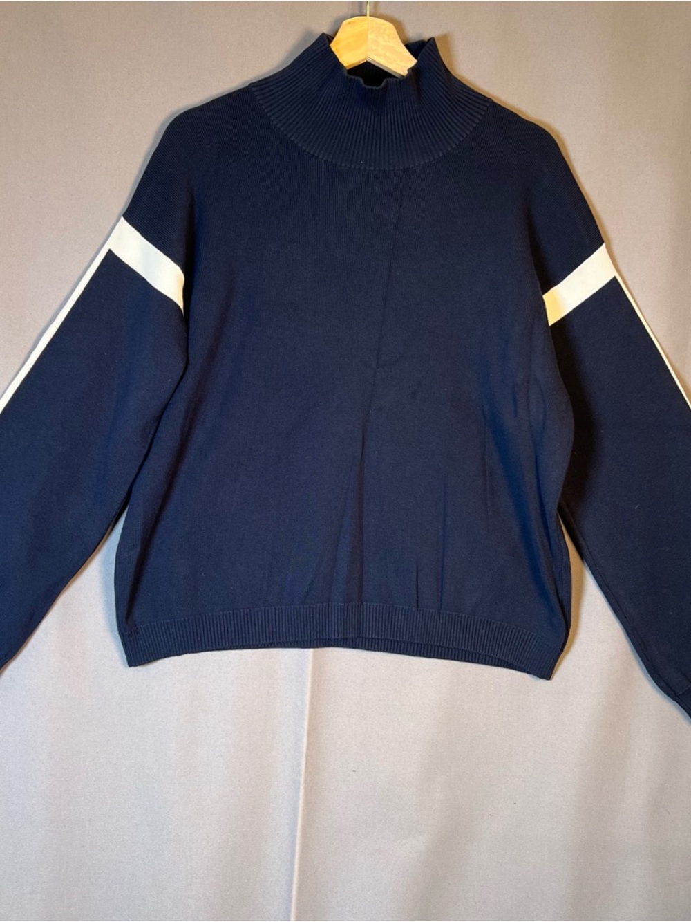 La Ligne x Target Navy Blue Mock Neck Sweater with White Sleeve Stripe SzL